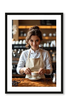 Barista serving beautifully crafted latte art in a cozy cafe setting during the morning