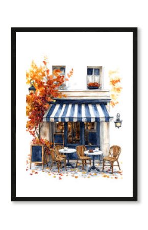A charming watercolor illustration of a Parisian cafe with a blue and white striped awning, outdoor seating, and a vibrant orange tree, capturing the essence of a cozy autumn day in Paris.