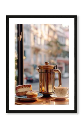Stylish French press with a golden finish on a cafe table, surrounded by modern ceramics and a slice of cake, blurred urban street view in the background.