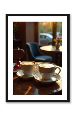 Two cups of coffee sit on a wooden table in a warm cafe. Sunlight streams through the window creating a relaxing atmosphere. A peaceful moment in the afternoon.