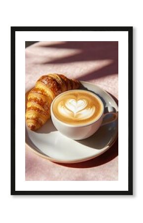 Croissant and Latte Art on a Pink Table in Sunlight