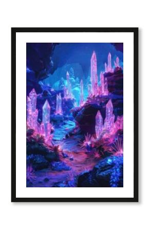 Enchanting fantasy caves with glowing crystals and plants mystical realm digital art