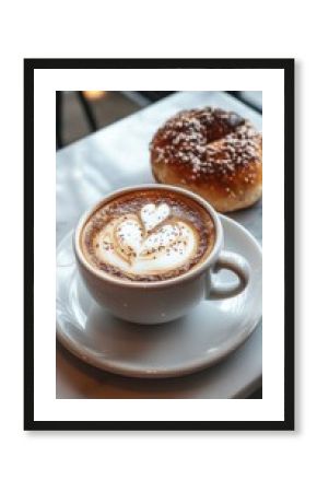 Sipping on an elegantly crafted cup of coffee topped with intricate foam art, paired perfectly with a fresh donut in a stylish French cafe ambiance, basking in the afternoon light