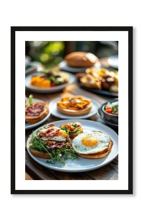 Outdoor cafe breakfast spread.  A variety of delicious dishes, including sandwiches, pastries, and eggs, are beautifully arranged on a wooden table