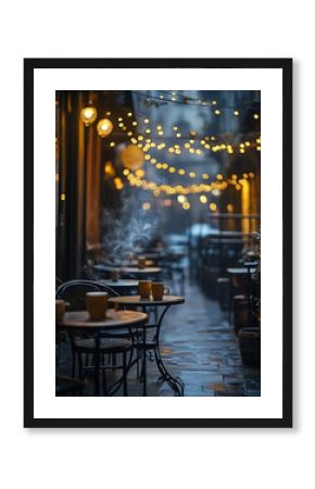 A cozy cafe scene with warm lights and steam rising from cups, creating an inviting atmosphere for relaxation and conversation. an evening outdoor cafe with a pleasant atmosphere