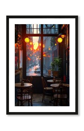 A cozy cafe in Paris at twilight, warm lights glowing through large windows, vintage wooden tables, the aroma of fresh coffee in the air, soft jazz music playing, intimate and nostalgic ambiance
