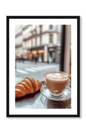 Parisian morning delight with fresh croissant and creamy latte art in a glass cup on a table cafe scene