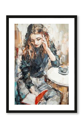 .The girl in the cafe is reading a book. Oil painting of a woman drinking coffee in the morning. Cozy art on canvas.
