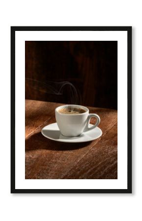  Xícara de café isolado em fundo de madeira rústica, na vertical.