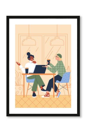 Couple or friends chatting in coffee shop or cafe, flat vector illustration.