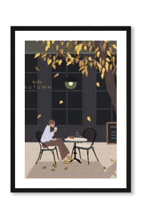Hello Autumn. Street cafe table. Man on the chair. Coffee and bread. Falling leaves foliage. Fall branch. Invitation, Print, Postcard, Poster, Banner template. Simple style, Flat vector illustration.