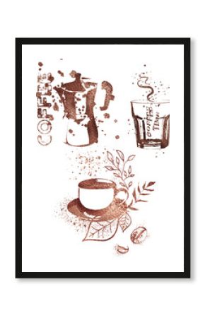 Coffee shop - Coffee time for coffee lovers. Coffee with coffee beans, coffee pot, espresso macchiato.  Isolated on a white background.  Coffee print design with mocha pot and different coffee cups.