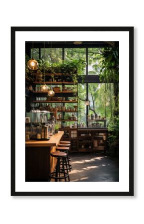coffee bar with many plants interior design, Generative AI