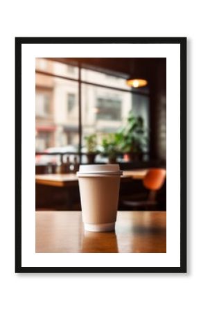 Paper takeaway coffee cup with a lid in a cafe on the wooden table