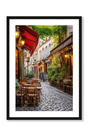 Traditional Parisian street scene with cafe tables in France. Charming city view of Paris.