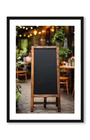 Empty blackboard near outdoor cozy cafe on pavement street of city on blurred background. Mock up sign for menu text or advertising