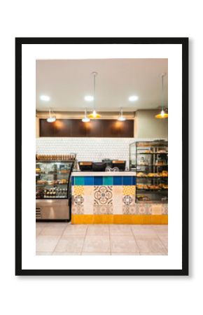 Interior design of counter and cash register at cafe