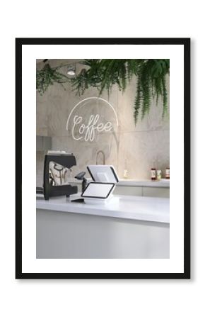 Modern design white blank screen of digital cash register, barcode scanner at cashier on white cafe counter with espresso maker machine for contactless payment technology background 3D