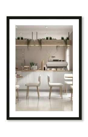Modern, cozy beige cafe and bakery with counter, professional espresso machine, cake display, tables, chairs, window to backyard for luxury coffee shop, bistro interior design background 3D
