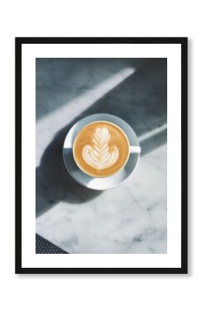 latte on marble in sunshine and shadows at coffee shop