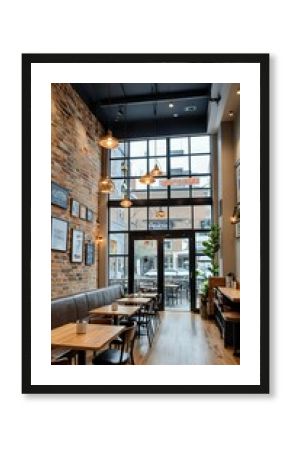 Modern cafe interior with brick wall, wooden tables and chairs, large window overlooking city street.