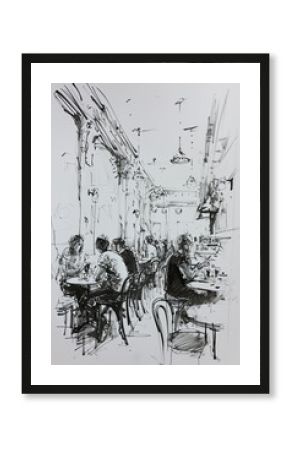 A black and white sketch of a cafe with people talking and enjoying