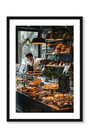 a man standing in front of a bakery filled with lots of food