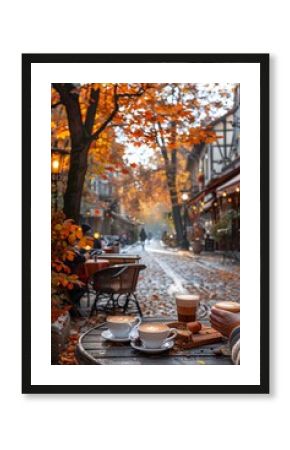 Cozy autumn cafe scene with coffee cups on table outdoor seating and colorful fall leaves