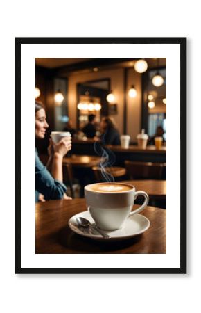 Primer plano taza de café humeante sobre una mesa en una cafetería con personas de fondo