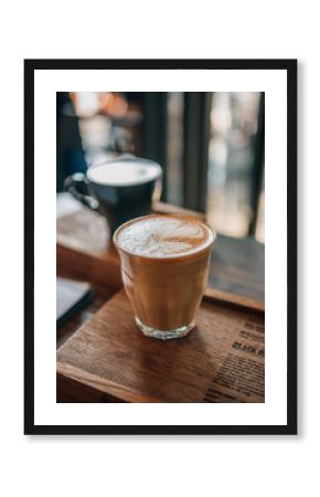 Vintage style closeup latte large cup with bokeh in cafe shop focus one point shallow with depth of field