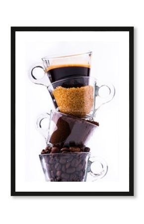 glass cups, in vertical sequence, with coffee beans, ground coffee, brown sugar and a creamy drink. still life