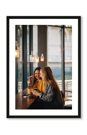 Smiling women friends meeting in a coffee shop