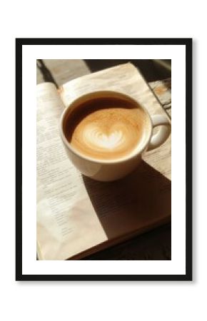A cup of latte with heart-shaped art sits on an open book, bathed in warm sunlight.