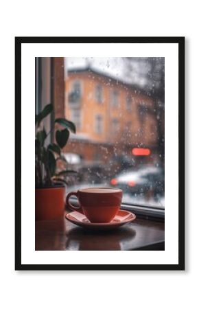 Red coffee cup on table near window with raindrops and plant in pot cozy indoor scene