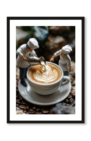 Baristas skillfully create latte art in a coffee cup, demonstrating their creativity and expertise in beverage preparation and the vibrant coffee culture