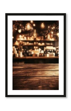 Rustic wooden table in warm light cafe setting with vintage lightbulbs and blurred background for product placement or food photography