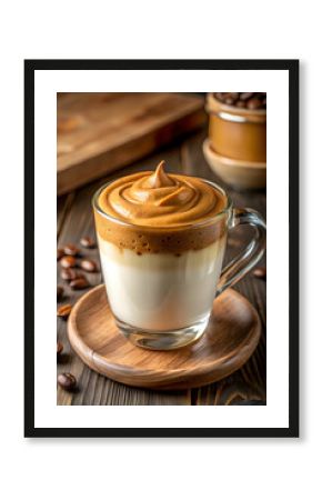 Close-up photo of a cup with dalgona coffee served as trendy frothy sweet drink