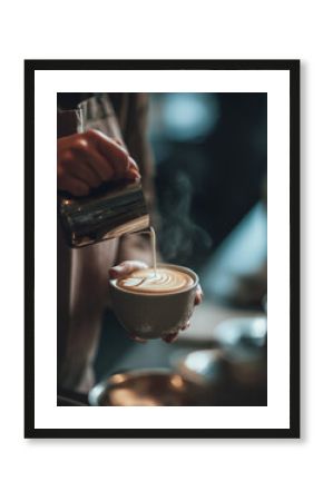 Pouring milk into coffee cup creating latte art in a cafe with barista making drink design closeup shot