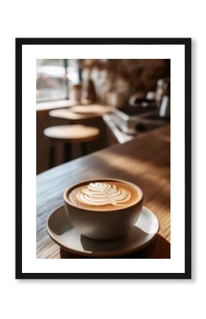 Latte Art Coffee Shop Serenity: A meticulously crafted latte with elegant art sits in a sunlit café setting, creating a moment of calm and aesthetic delight.