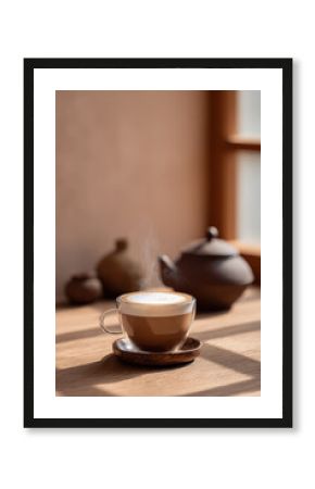 Glass cup of warm hojicha latte with steam rising on café table, cozy drink with Japanese tea style, Selective Focus..