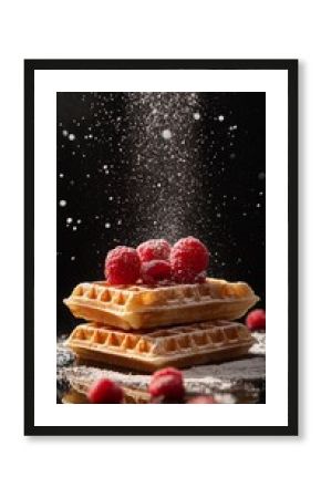 Delicious waffles with berries and sprinkled with powdered sugar. Culinary blogs, dessert ads, cafe menus.
