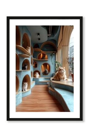 Cozy cat cafe interior with wooden shelves and feline resting spaces