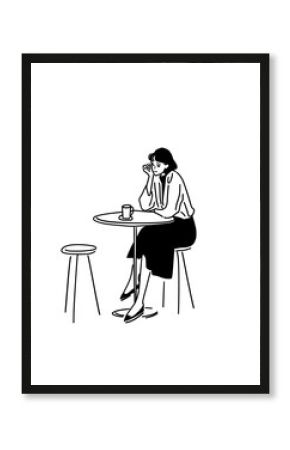 Young woman daydreaming over a cup of coffee, simple black and white lifestyle sketch.