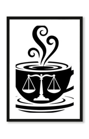 Black coffee cup with scales of justice symbol and steam swirls saucer