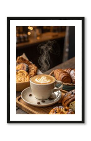Hot cup of coffee with sweet cookies and pastries, perfect for a morning breakfast or a delightful cafe snack