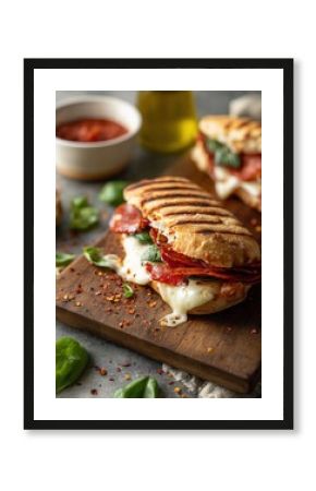 Rustic grilled panini sandwich with melted cheese, spicy salami, fresh basil and chili flakes on wooden board, cozy gourmet scene perfect for cafe menus, food blogs or Italian recipe inspiration. 