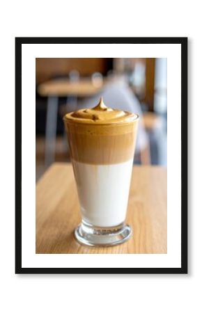 A tall glass of creamy dalgona coffee sits on a wooden table with a blurred cafe interior in the background.