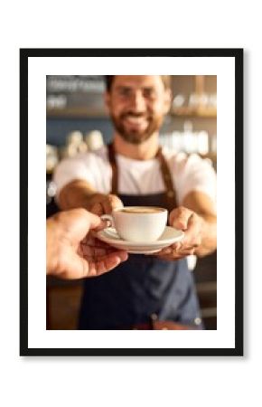 Barista serving coffee to a customer, warm and welcoming cafe experience, lifestyle shot.