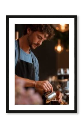 Barista skillfully prepares coffee during a busy morning at a local cafe in a warm and inviting atmosphere