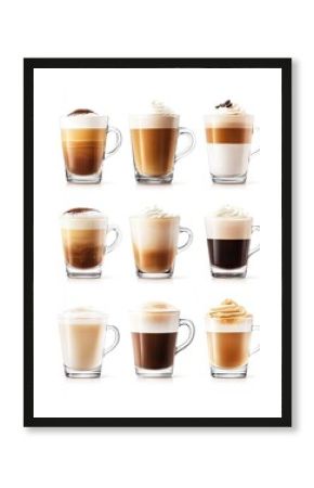 Nine glass cups of various coffee drinks (1)